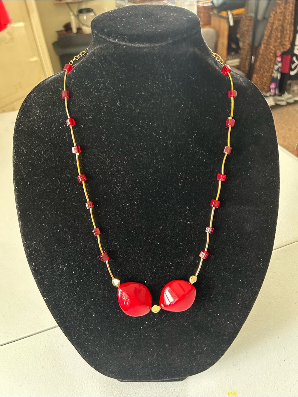 Red Beaded Statement Necklace by